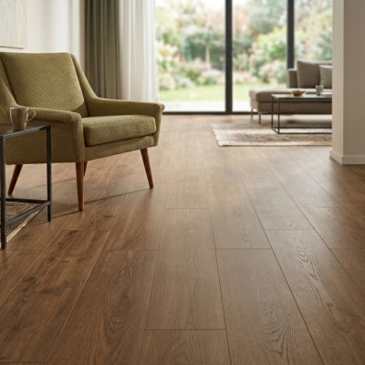 s A high-angle, lifestyle shot of a modern living room featuring wide-plank, medium-toned oak laminate flooring with prominent wood grain and natural knots.